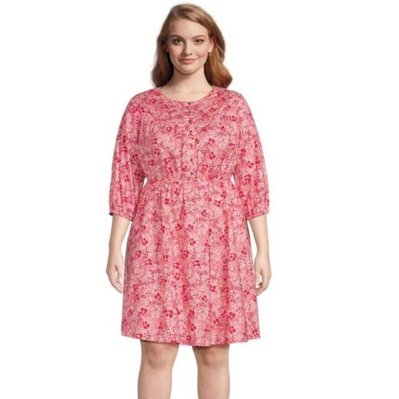 TERRA & SKY Fit & Flare Button Front Dress Womens Size 16W Pink Red Floral NWT - Picture 1 of 12